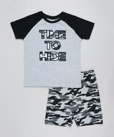 Pijama Infantil Raglan "Time to Hide" Manga Curta Cinza Mescla Menor preço em Pijama Infantil Raglan "Time to Hide" Manga Curta Cinza Mescla