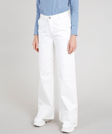 Calça de Sarja Feminina Mindset Pantalona Cintura Alta Off White Menor preço em Calça de Sarja Feminina Mindset Pantalona Cintura Alta Off White