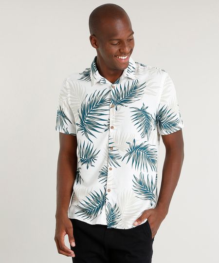 Camisa Masculina Relaxed Estampada de Folhagem com Linho Manga Curta Off White Menor preço em Camisa Masculina Relaxed Estampada de Folhagem com Linho Manga Curta Off White
