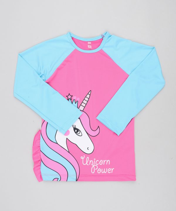 Blusa de Praia Infantil Unicórnio Raglan com Babado Manga Longa com Proteção UV50+ Pink 6