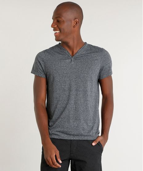 Camiseta-Masculina-Slim-Fit-com-Botoes-Manga-Curta-Gola-V-Cinza-Mescla-Escuro-9407026-Cinza_Mescla_Escuro_1