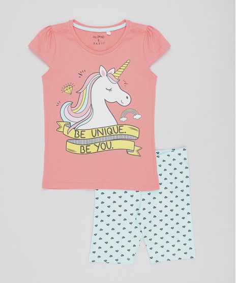 Conjunto-Infantil-de-Blusa-Unicornio-Manga-Curta-Coral---Bermuda-Estampada-de-Coracoes-Azul-Claro-9447901-Azul_Claro_1