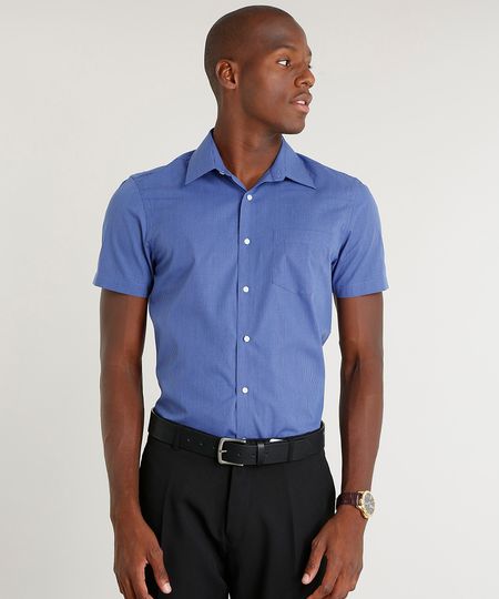Camisa Masculina Comfort Estampada Xadrez com Bolso Manga Curta Azul Menor preço em Camisa Masculina Comfort Estampada Xadrez com Bolso Manga Curta Azul