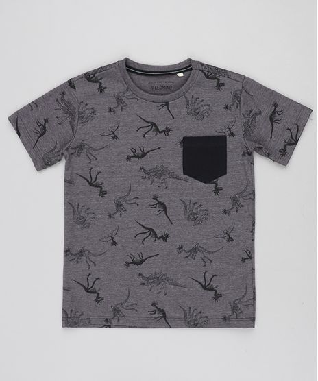 Camiseta-Infantil-Estampada-de-Dinossauros-com-Bolso-Manga-Curta-Gola-Careca-Cinza-Mescla-Escuro-9037934-Cinza_Mescla_Escuro_1