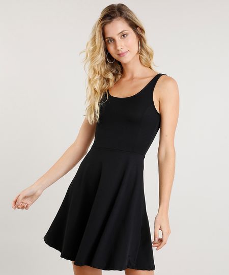 Vestido Feminino Evasê Curto Decote Redondo Preto Menor preço em Vestido Feminino Evasê Curto Decote Redondo Preto