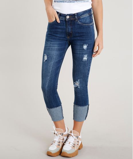 Calca-Jeans-Feminina-Cropped-com-Puidos-Barra-Virada-Azul-Escuro-9458544-Azul_Escuro_1