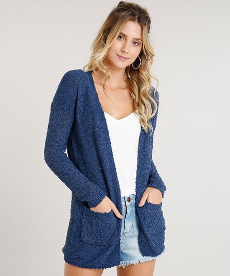 Capa Alongada Feminina em Tricô com Bolinhas Azul Marinho Menor preço em Capa Alongada Feminina em Tricô com Bolinhas Azul Marinho