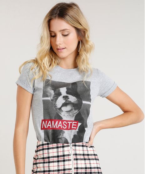 Blusa-Feminina-Cachorro--Namaste--Manga-Curta-Decote-Redondo-Cinza-Mescla-9388564-Cinza_Mescla_1