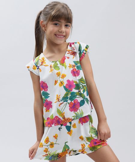 Conjunto Infantil de Blusa Estampada Floral Manga Curta + Short com Laço Branco Menor preço em Conjunto Infantil de Blusa Estampada Floral Manga Curta + Short com Laço Branco