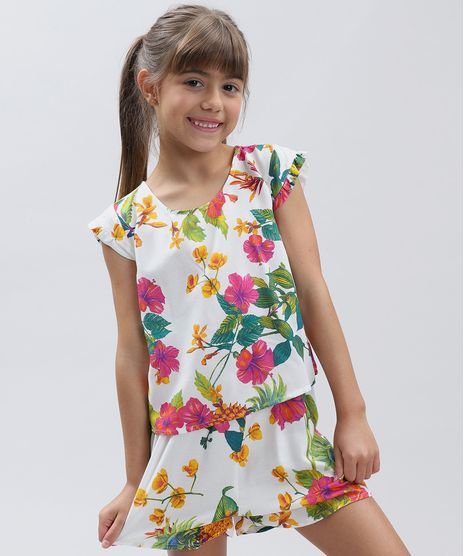 Conjunto-Infantil-de-Blusa-Estampada-Floral-Manga-Curta---Short-com-Laco-Branco-9389414-Branco_1