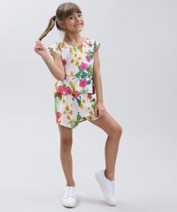 Conjunto-Infantil-de-Blusa-Estampada-Floral-Manga-Curta---Short-com-Laco-Branco-9389414-Branco_3