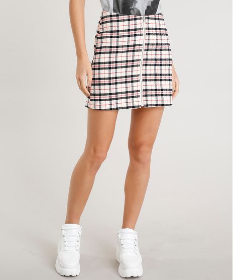 Saia-Feminina-Estampada-Xadrez-em-Flanela-com-Ziper-de-Argola-Bege-Claro-9365400-Bege_Claro_1