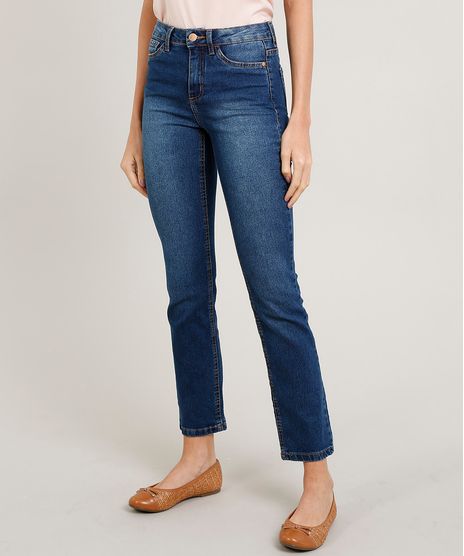 Calca-Jeans-Feminina-Reta-Cintura-Media-com-Bolsos-Azul-Escuro-9372332-Azul_Escuro_1