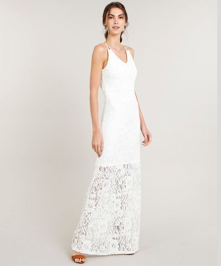 Vestido Feminino Longo em Renda Alça Dupla Decote V Off White Menor preço em Vestido Feminino Longo em Renda Alça Dupla Decote V Off White