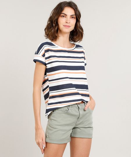 Blusa Feminina Ampla Listrada Manga Curta Decote Redondo Off White Menor preço em Blusa Feminina Ampla Listrada Manga Curta Decote Redondo Off White