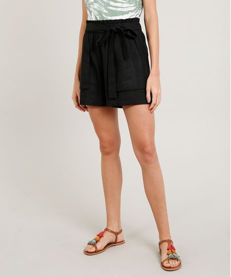 Short-Clochard-Feminino-em-Linho-com-Faixa-para-Amarrar-Preto-9391890-Preto_1