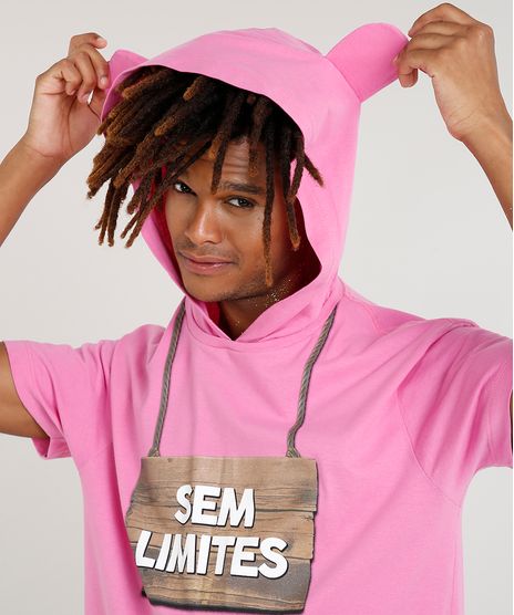 Camiseta-Masculina-Carnaval-Ursinho--Sem-Limites--com-Capuz-de-Orelhinhas-Manga-Curta--Rosa-9482591-Rosa_1