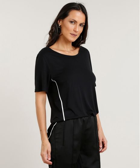 Blusa-Feminina-Ampla-com-Vivo-Contrastante-Manga-Curta-Decote-V-Preta-9445513-Preto_1