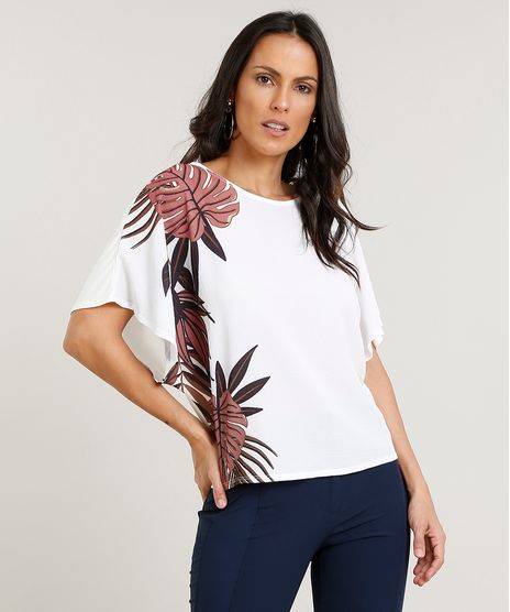 Blusa-Feminina-Ampla-com-Estampa-de-Folhas-Manga-Curta-Decote-Redondo-Off-White-9447816-Off_White_1