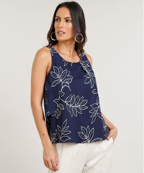 Regata-Feminina-Estampada-de-Folhagem-com-Sobreposicao-Decote-Redondo-Azul-Marinho-9395566-Azul_Marinho_1