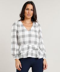 Blusa-Feminina-Estampada-Xadrez-com-Babados-Manga-Longa-Decote-V-Off-White-9373375-Off_White_1