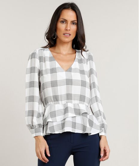 Blusa-Feminina-Estampada-Xadrez-com-Babados-Manga-Longa-Decote-V-Off-White-9373375-Off_White_1