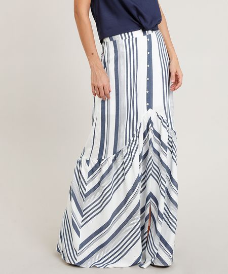 Saia Feminina Longa Listrada com Botões e Fenda Off White Menor preço em Saia Feminina Longa Listrada com Botões e Fenda Off White