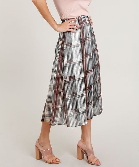 Saia Midi Feminina Evasê Estampada Xadrez Off White Menor preço em Saia Midi Feminina Evasê Estampada Xadrez Off White