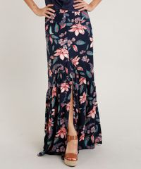 Saia-Feminina-Longa-Estampada-Floral-com-Botoes-e-Fenda-Azul-Marinho-9369908-Azul_Marinho_1