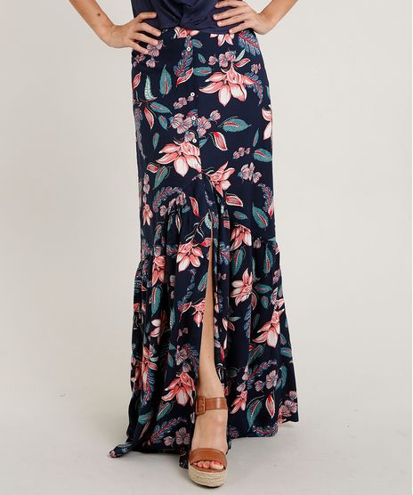 Saia-Feminina-Longa-Estampada-Floral-com-Botoes-e-Fenda-Azul-Marinho-9369908-Azul_Marinho_1
