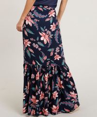 Saia-Feminina-Longa-Estampada-Floral-com-Botoes-e-Fenda-Azul-Marinho-9369908-Azul_Marinho_2