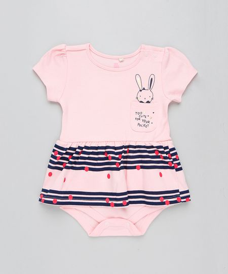 Body Saia Infantil Coelho com Bolso Manga Curta Decote Redondo Rosa Menor preço em Body Saia Infantil Coelho com Bolso Manga Curta Decote Redondo Rosa