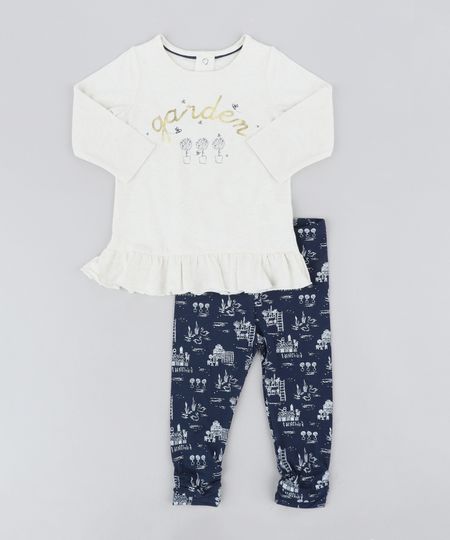 Conjunto Infantil de Blusa "Garden" Manga Longa Bege Claro Mescla + Calça Legging Estampada Azul Marinho Menor preço em Conjunto Infantil de Blusa "Garden" Manga Longa Bege Claro Mescla + Calça Legging Estampada Azul Marinho