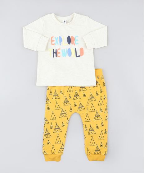 Conjunto-Infantil-de-Blusao-Bege-Claro-Mescla---Calca-Estampada-de-Cabana-em-Moletom-Mostarda-9200187-Mostarda_1