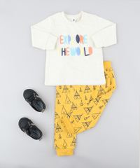 Conjunto-Infantil-de-Blusao-Bege-Claro-Mescla---Calca-Estampada-de-Cabana-em-Moletom-Mostarda-9200187-Mostarda_3