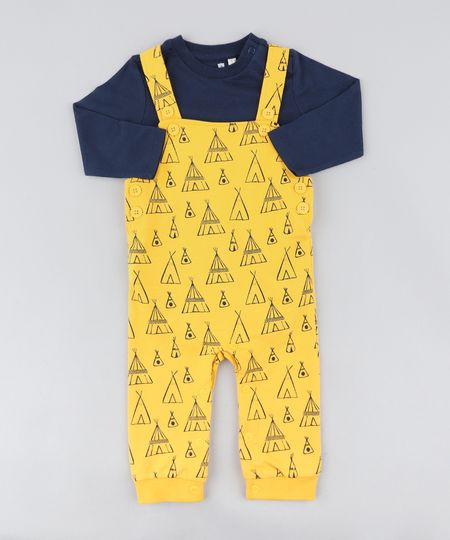 Conjunto-Infantil-de-Body-Manga-Longa-Azul-Marinho---Macacao-Estampado-de-Cabana-em-Moletom-Mostarda-9205082-Mostarda_1