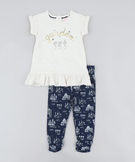 Conjunto Infantil de Blusa "Garden" Manga Curta Bege Claro Mescla + Calça Legging Estampada Azul Marinho Menor preço em Conjunto Infantil de Blusa "Garden" Manga Curta Bege Claro Mescla + Calça Legging Estampada Azul Marinho