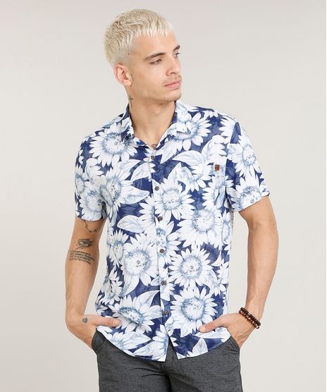 Camisa-Masculina-Estampada-de-Girassol-com-Bolso-Manga-Curta-Azul-9434800-Azul_1