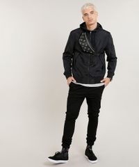 Jaqueta Corta Vento Masculino Preta com Capuz Corpo Inteiro