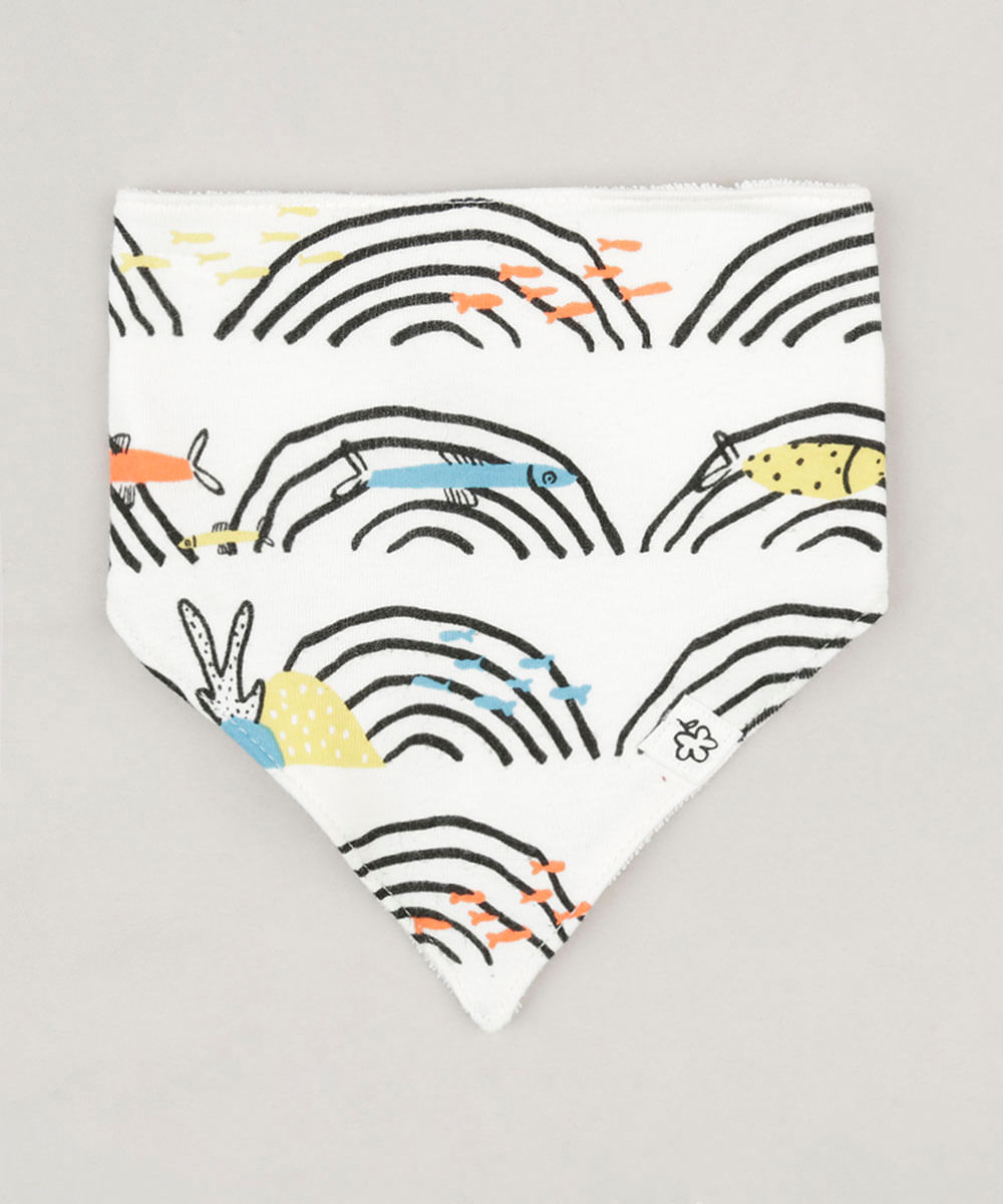 Babador Infantil Fábula Estampado Geométrico com Peixes Off White