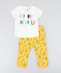 Conjunto-Infantil-Camiseta-Manga-Curta-Bege-Claro---Calca-Estampada-de-Cabana-em-Moletom-Mostarda-9205087-Mostarda_1