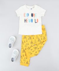 Conjunto-Infantil-Camiseta-Manga-Curta-Bege-Claro---Calca-Estampada-de-Cabana-em-Moletom-Mostarda-9205087-Mostarda_3