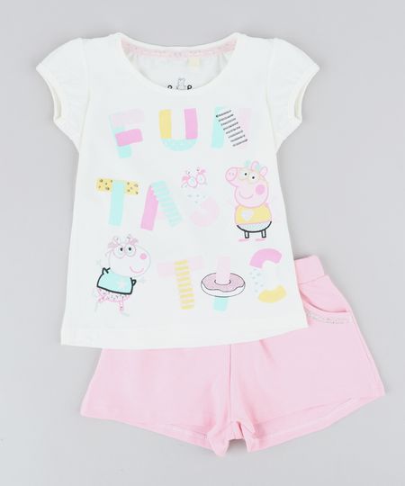 Conjunto-Infantil-Peppa-Pig-de-Blusa-Manga-Curta-Off-White---Short-Rosa-9437949-Rosa_1