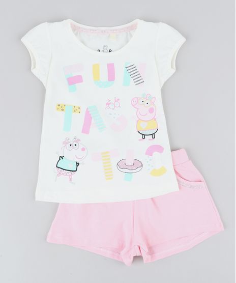 Conjunto-Infantil-Peppa-Pig-de-Blusa-Manga-Curta-Off-White---Short-Rosa-9437949-Rosa_1