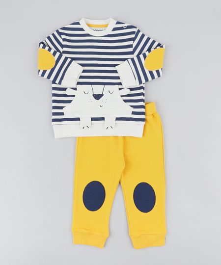 Conjunto-Infantil-Urso-de-Blusao-Listrado-Bege-Claro---Calca-em-Moletom-Mostarda-9205081-Mostarda_1