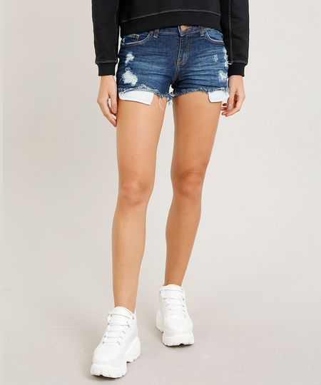 Short Jeans Feminino Reto Destroyed Azul Escuro Menor preço em Short Jeans Feminino Reto Destroyed Azul Escuro