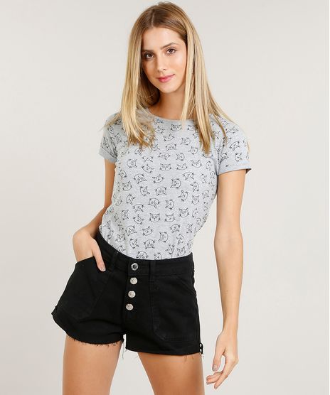 Blusa-Feminina-Estampada-de-Gatos-Manga-Curta-Decote-Redondo-Cinza-Mescla-9236431-Cinza_Mescla_1