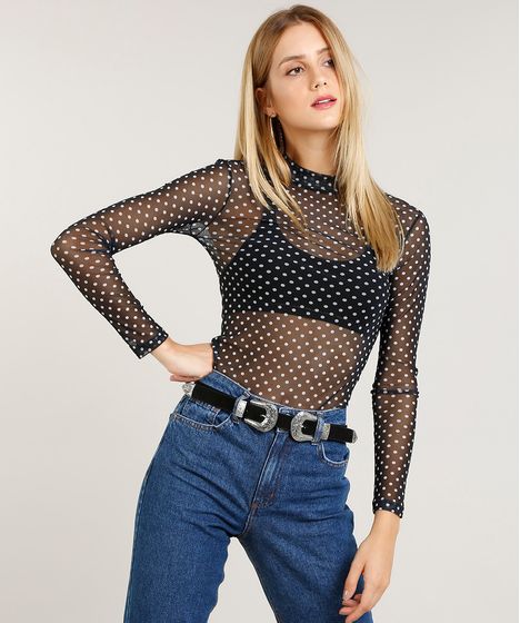 Blusa Feminina Em Tule Estampada De Poa Manga Longa Gola Alta