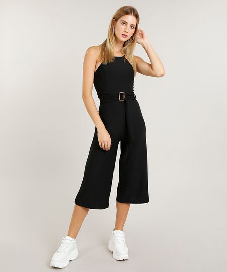 Macacão Feminino Pantacourt Halter Neck com Cinto Preto Menor preço em Macacão Feminino Pantacourt Halter Neck com Cinto Preto