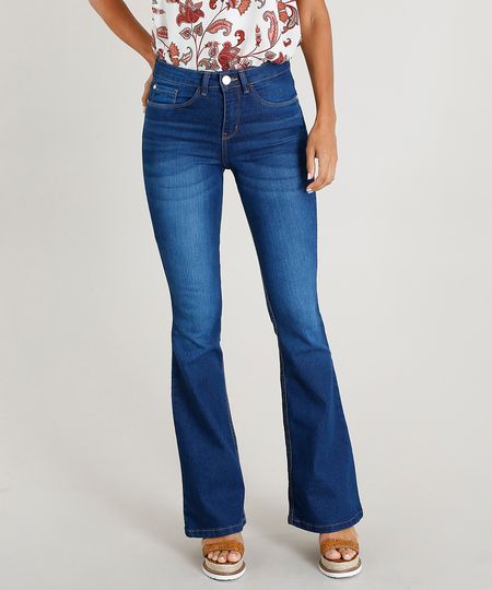 calça flare jeans escuro cintura alta